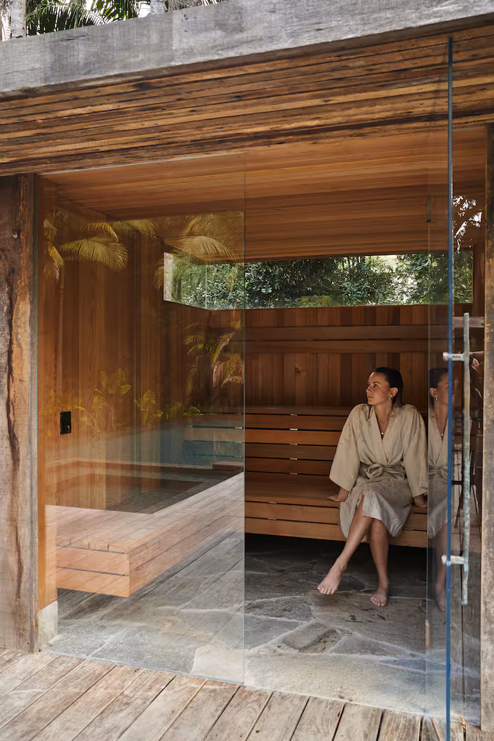 Resting in the cedar sauna